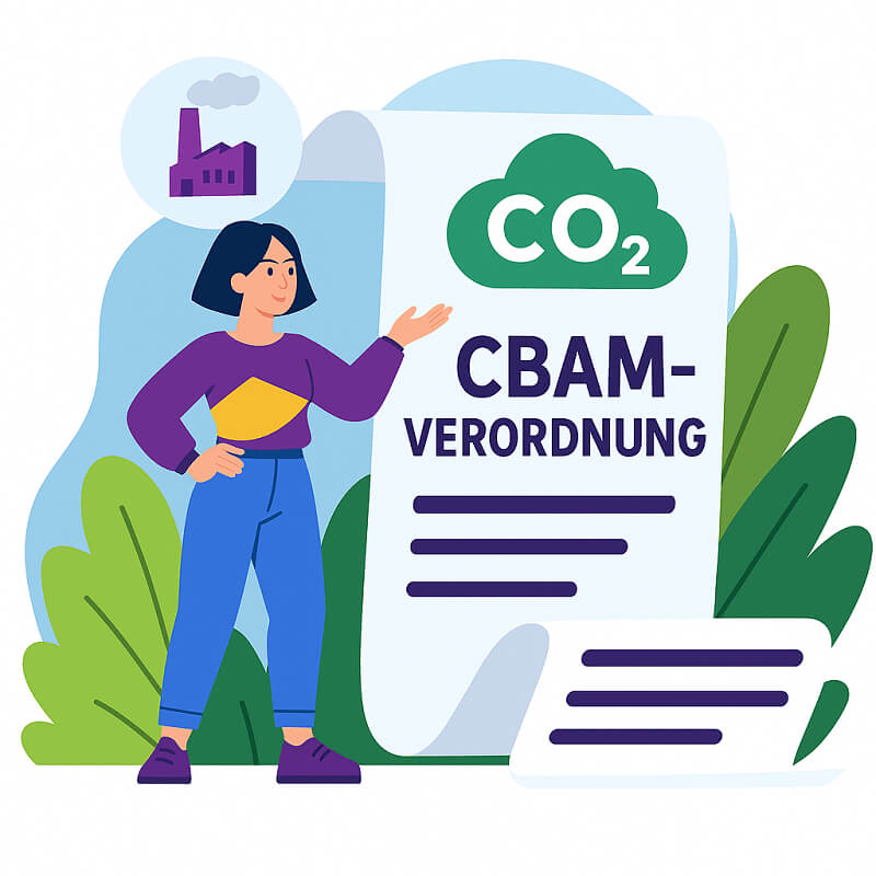 Eine Illustration einer Frau die auf eine CBAM-Verordnung zeigt.