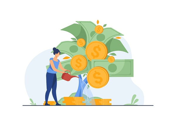 Illustration einer Person die ein Baum in form von Geld Münzen und Geld scheinen gießt