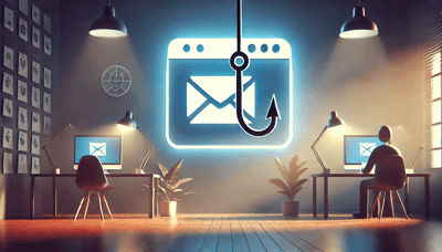 Ein Büro mit zwei Schreibtischen links und rechts im Bild und in der mitte ein blau leuchtendes E-Mail Zeichen und ein Angelhaken im Vordergrund.