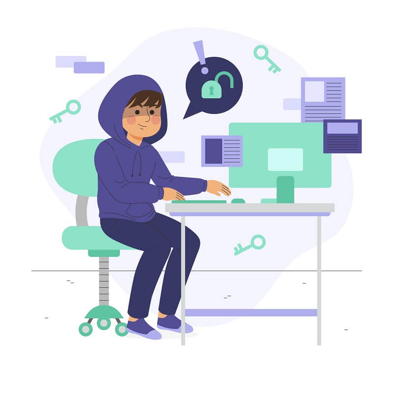 eine Illustration einer Person sitz am Computer und knackt Passwörter