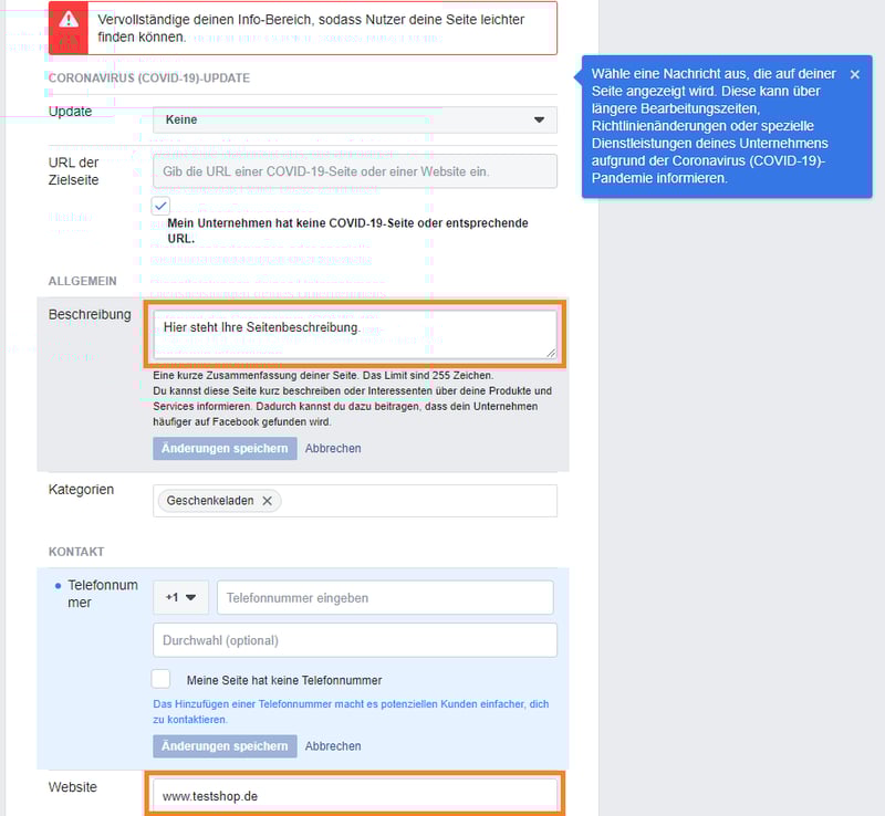 Einstellhinweis Facebook