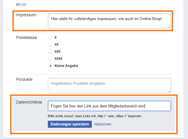 Einstellhinweis Facebook