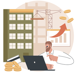 Mann mit Bart arbeitet am Laptop vor einem Gebäude, Baukran und Diagramm mit aufsteigendem Pfeil, Münzstapel und Kreditkarte daneben.