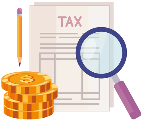 Illustration mit einem Stapel goldener Münzen, einem Dokument mit der Überschrift 'TAX' und einer Lupe mit lila Griff.