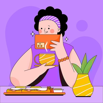 frau-die-ein-foto-von-ihrem-kaffee-und-essen-macht-comic-style