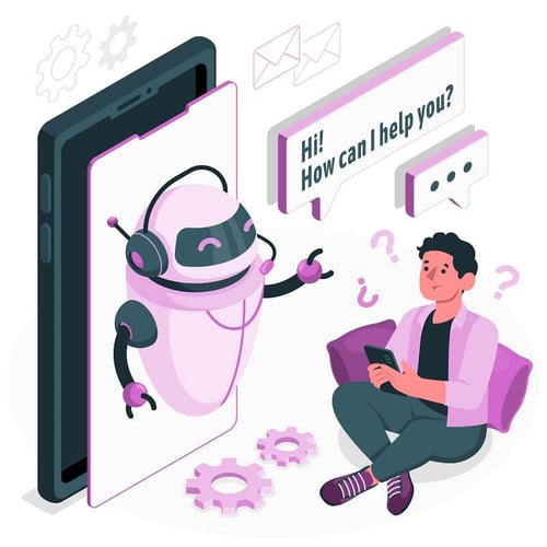 Illustration einer KI die einen Menschen fragt ob er Hilfe braucht