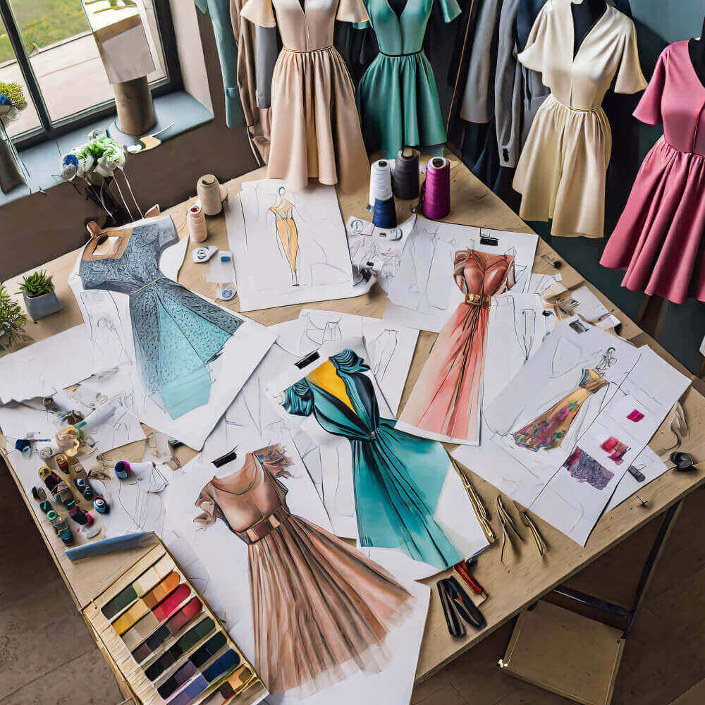 Modeatelier mit Skizzen von Kleidern und Schneiderpuppen zum Thema Designschutz und Nachahmung im E-Commerce.