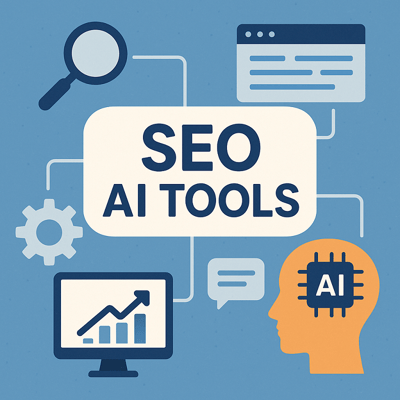 Sprechblasen, PC, Kopf, Lupe und Zahnrad-Icon die zu Mittelpunkt "SEO AI Tools" führen