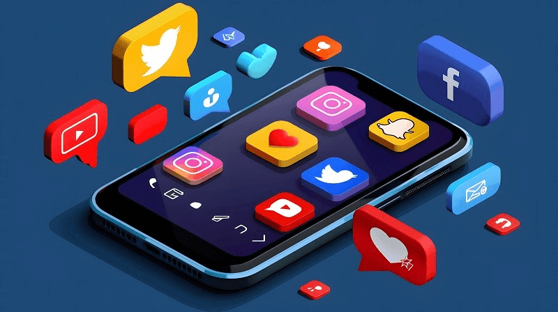Ein Smartphone um das Social Media Icon als Sprechblasen fliegen.