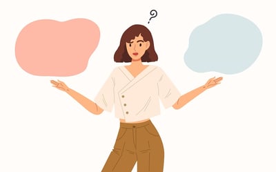 Illustration Frau mit Gedankenblasen