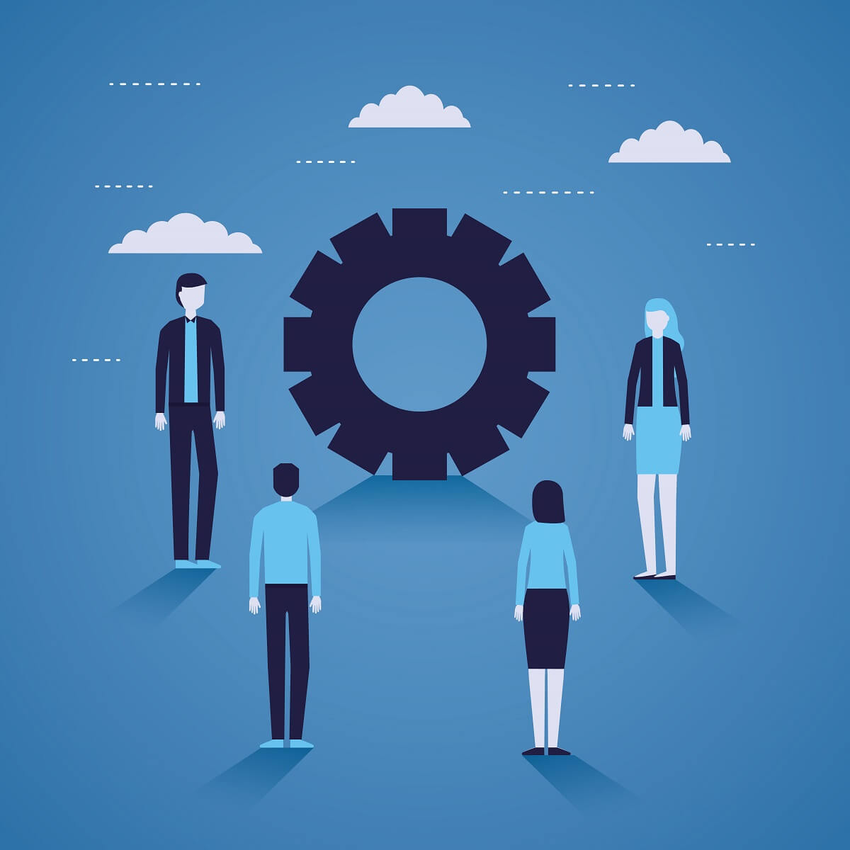 Illustration von vier Personen, die im Kreis um ein großes Zahnrad stehen – Symbol für Zusammenarbeit und Teamarbeit.