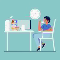 Illustration eines Mannes, der entspannt an einem Schreibtisch mit Computer, Büchern und Papierstapel sitzt und eine Tasse Kaffee trinkt. An der Wand hängt eine Uhr, die 9 Uhr zeigt.