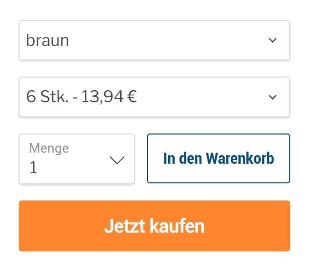 Produkt-Auswahlmaske mit klaren Call-to-Action-Buttons: Auswahl von Farbe und Stückzahl, Schaltfläche ‚In den Warenkorb‘ in Blau und auffälliger Kauf-Button ‚Jetzt kaufen‘ in Orange.