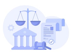 Symbolische Illustration zu Recht und Gesetz mit Waage, Gericht, Hammer und Dokumenten