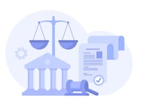Symbolische Illustration zu Recht und Gesetz mit Waage, Gericht, Hammer und Dokumenten
