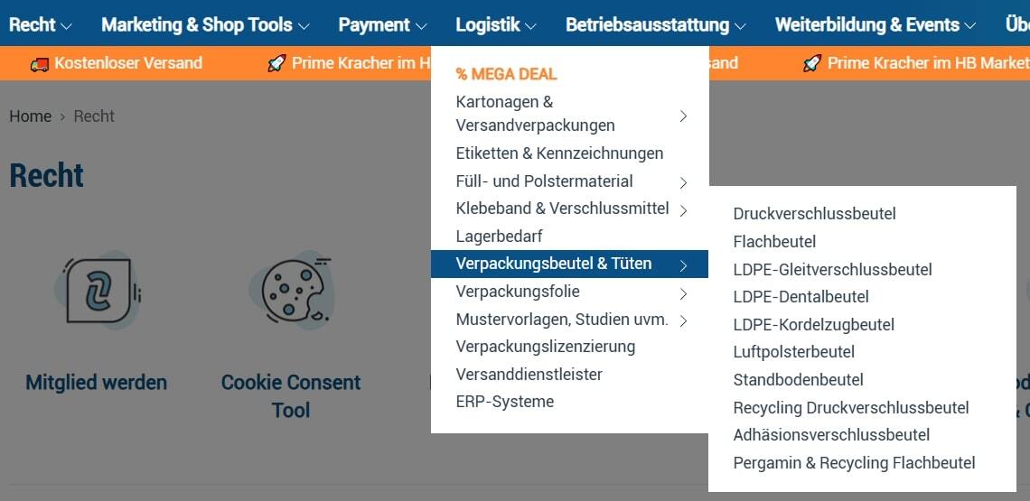 Screenshot einer Website-Navigation mit mehrstufigem Dropdown-Menü: Hauptkategorie ‚Logistik‘, Unterkategorie ‚Verpackungsbeutel &amp; Tüten‘ und weitere detaillierte Optionen wie Druckverschlussbeutel, Flachbeutel oder Standbodenbeutel. Beispiel für hierarchische Menüstrukturen.