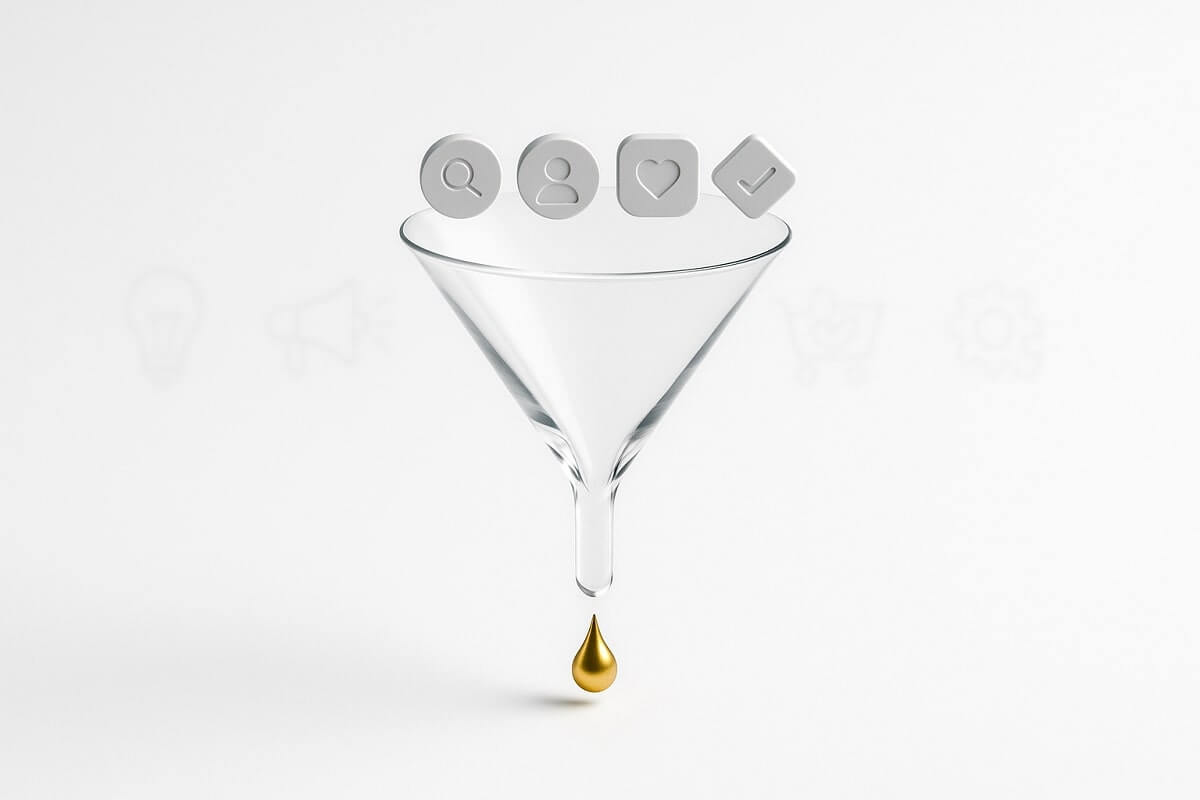 Trichter mit Symbolen für Suche, Nutzer, Herz und Häkchen, welche Kundenbedürfnisse darstellen. Unten tritt aus dem Trichter ein goldener Tropfen aus – Darstellung eines Marketing- oder Conversion-Funnels.