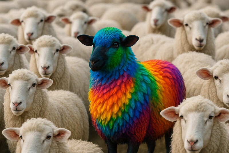 Buntes Schaf, in einer Herde von Weißen Schafen