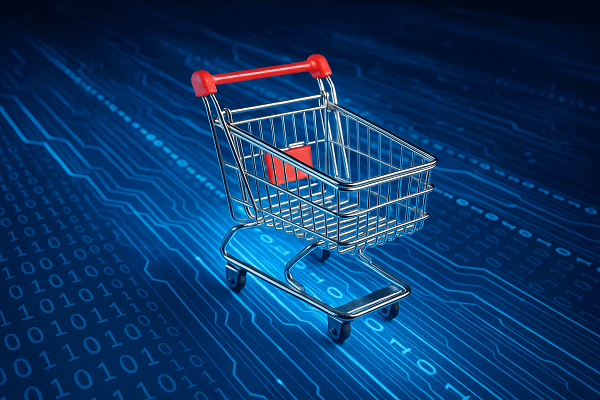 Einkaufskorb der auf einer digitalen Datenbank steht