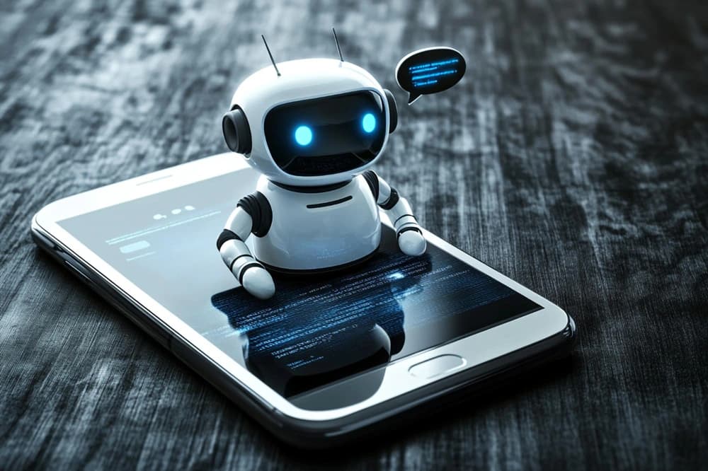 Kleiner KI-Roboter mit leuchtend blauen Augen auf einem Smartphone – Symbolbild für künstliche Intelligenz und Chatbots.