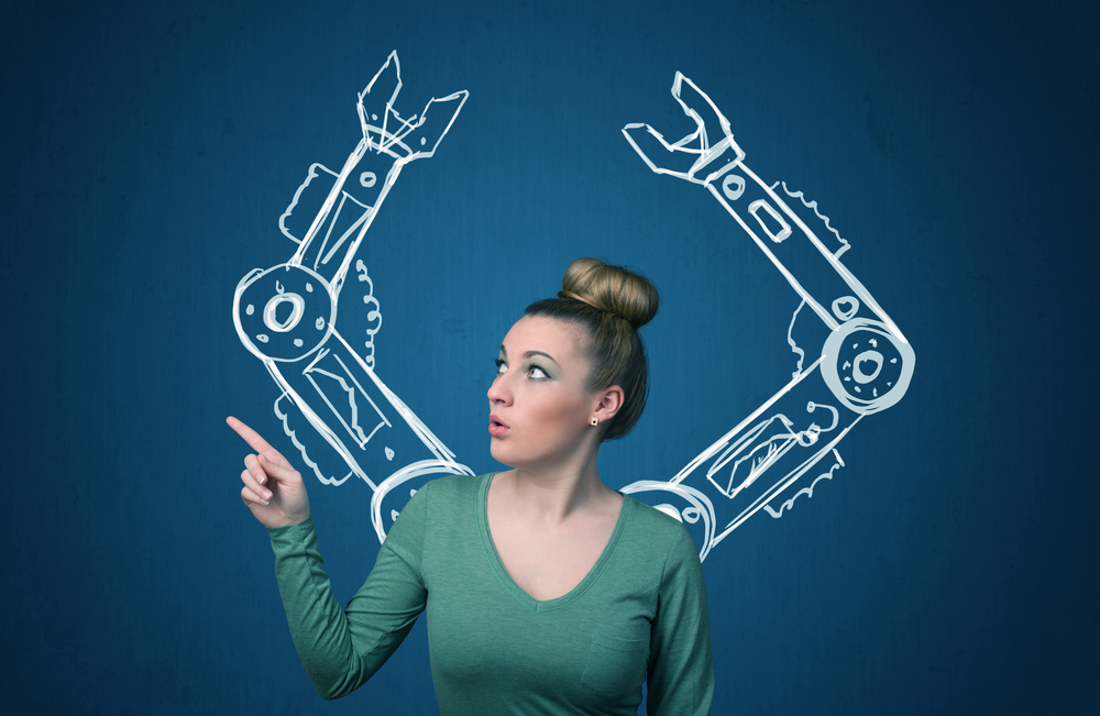 Pretty young woman with robotic arms concept