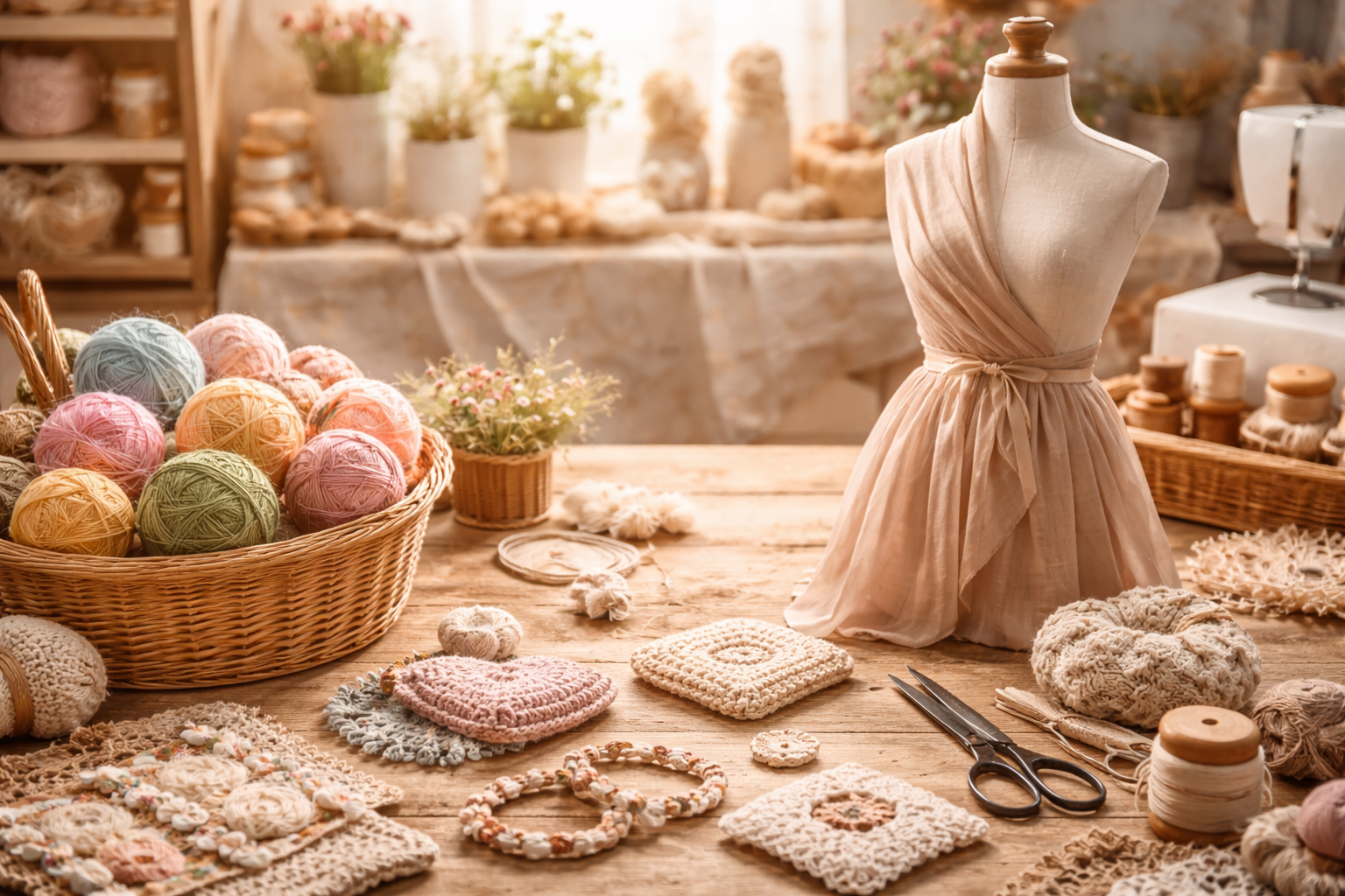 Handarbeitsplatz mit Schneiderpuppe im beigen Kleid, bunten Garnknäueln, Häkelteilen und Schere auf Holztisch