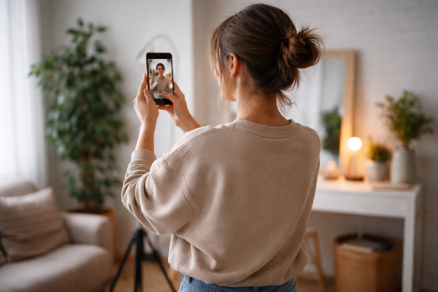 Frau fotografiert sich mit Smartphone im Wohnzimmer, Blick auf Display mit eigenem Porträt, Hintergrund mit Pflanzen und Spiegel