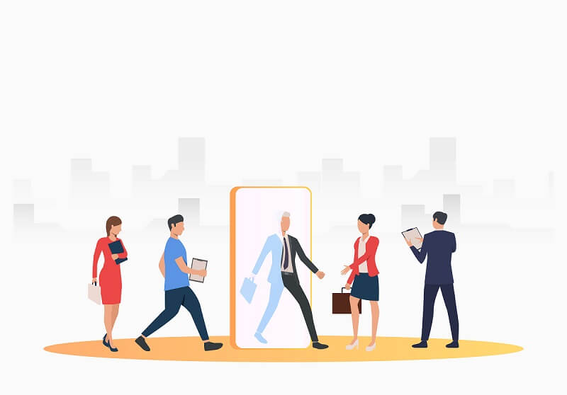 Illustration von Geschäftsleuten, die ein großes Smartphone umgeben; eine Person tritt aus dem Bildschirm hervor – Symbol für digitale Transformation und modernen Arbeitsplatz.