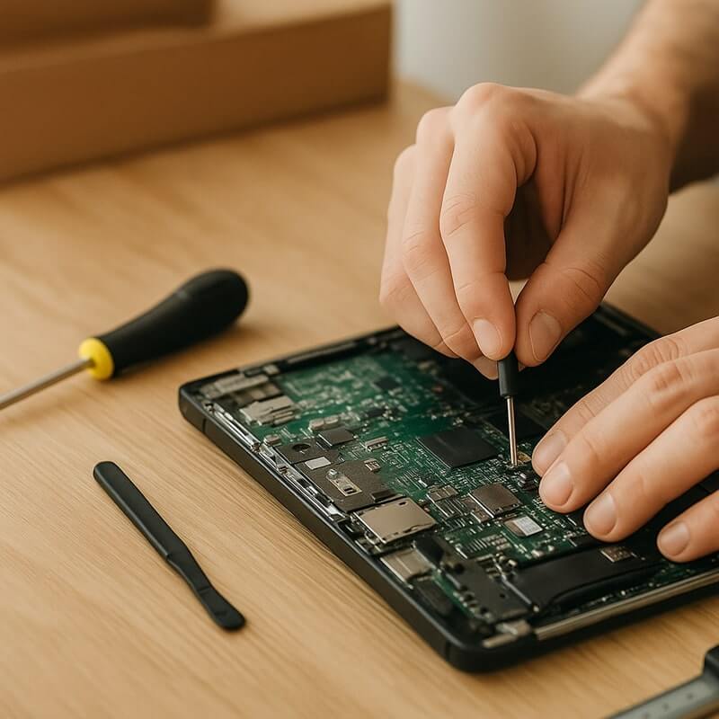 Nahaufnahme: Hände reparieren mit einem Präzisionsschraubendreher die offenliegende Platine eines Tablets; Werkzeug liegt auf einem Holztisch.