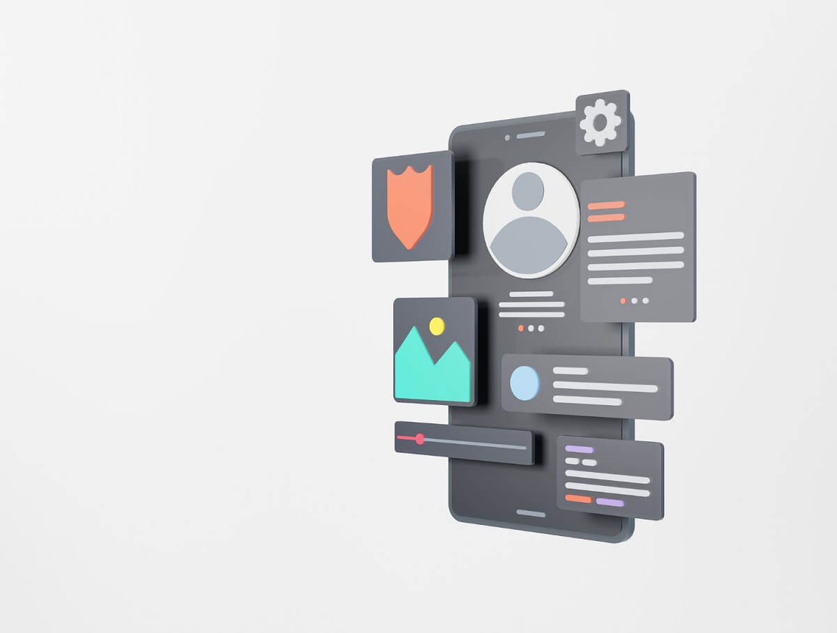 3D-Illustration eines Smartphones mit schwebenden UI-Elementen wie Profilbild, Textfeldern, Bildsymbol, Schild-Icon für Sicherheit und einem Zahnradsymbol für Einstellungen.